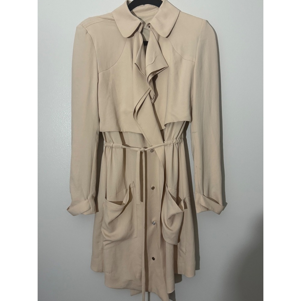 Haute Hippie Ruffle Trench Dress Snap Front Pockets Belted Beige Size 2